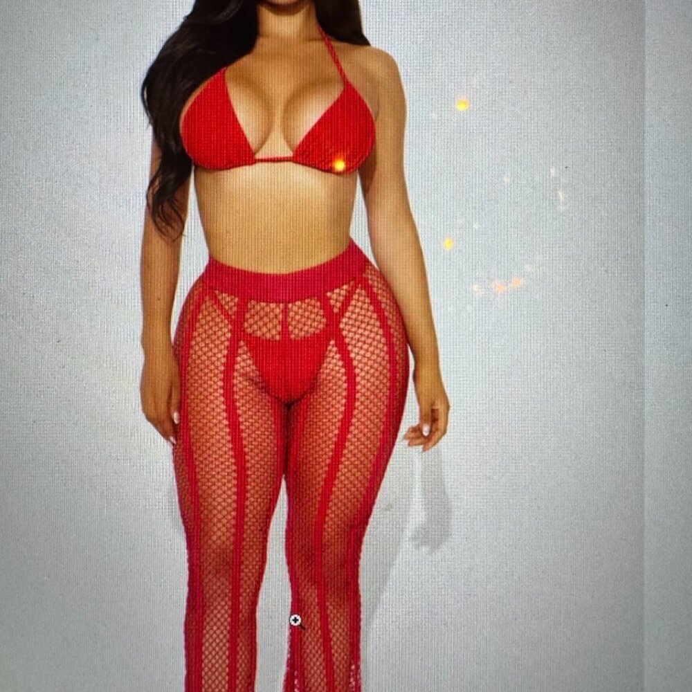 RED MESH FISHNET COVERUP PANTS